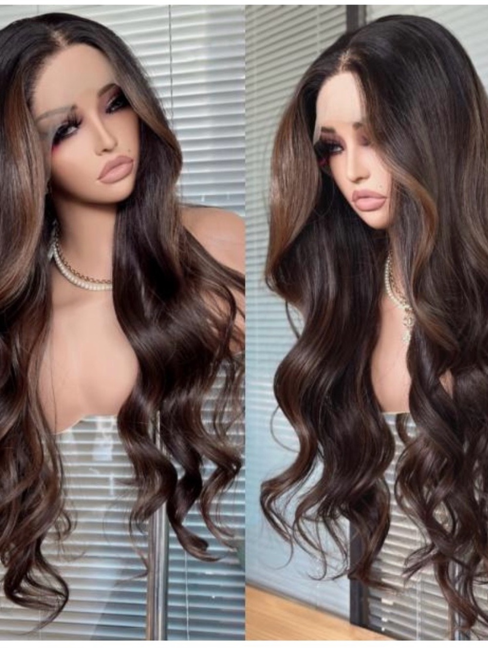 Long Wavy Lace Front Wig Dark Brown with Subtle Highlights Futura Synthetic 13x4